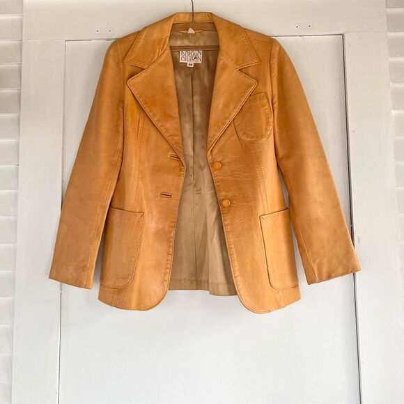 Vintage Jackets & Blazers - 70s Vintage Karen Silton Brown Tan Leather Blazer Jacket XS Small Womens